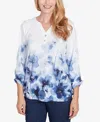 Alfred Dunner Petite Classics Floral Border Ruched Sleeve Henley Top In Navy Multi