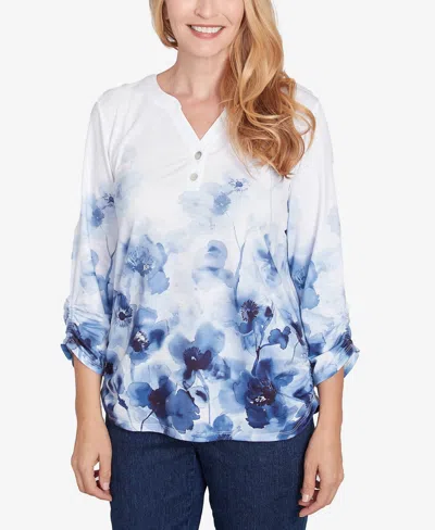 Alfred Dunner Petite Classics Floral Border Ruched Sleeve Henley Top In Navy Multi