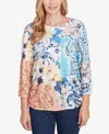 Alfred Dunner Petite Classics Floral Patch Drawstring Top In Navy Multi