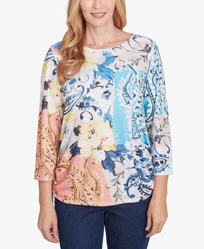 Alfred Dunner Petite Classics Floral Patch Drawstring Top In Navy Multi