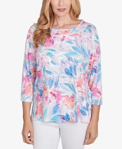 Alfred Dunner Petite Classics Floral Spray Crewneck Top In Multi Purple