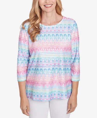 Alfred Dunner Petite Classics Geometric Crewneck Biadere Top In Multi Pink