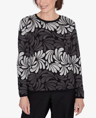 Alfred Dunner Petite Classics Geometric Ombre Scroll Sweater In Charcoal