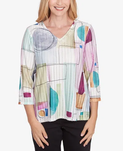 Alfred Dunner Petite Classics Geometric V-neck Three Quarter Sleeve Top In Neutral Multi