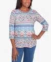 Alfred Dunner Women's Classic Knit Scroll Geometric Crewneck Top In Navy Multi
