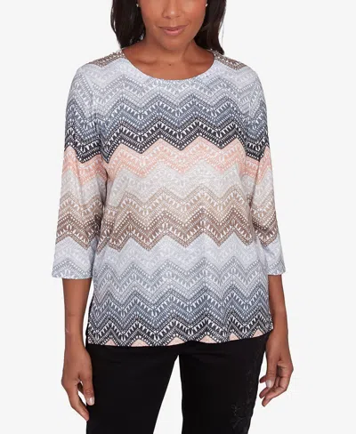 Alfred Dunner Petite Classics Lacey Ombre Chevron Crewneck Top In Tan