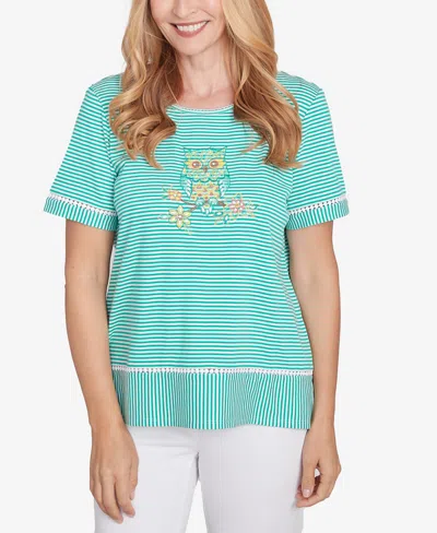 Alfred Dunner Petite Classics Owl Knit Striped T-shirt In Jade