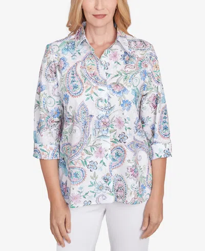 Alfred Dunner Petite Classics Paisley Button Down Cuffed Sleeve Top In Navy Multi