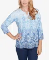 Alfred Dunner Plus Size Classic Split Beaded Neck Ombre Medallion Top In Navy