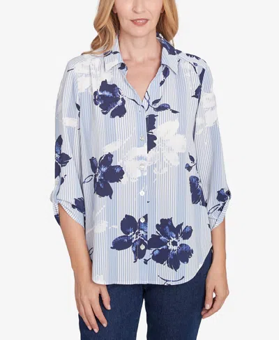 Alfred Dunner Petite Classics Striped Flower Button Front Tie Sleeve Blouse In Navy