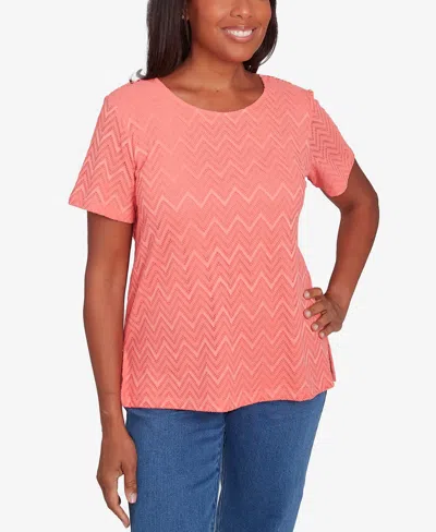 Alfred Dunner Petite Classics Textured Chevron Lace Back T-shirt In Coral