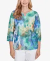 Alfred Dunner Women's Classic Watercolor Leaves Knit Top In Multi Green