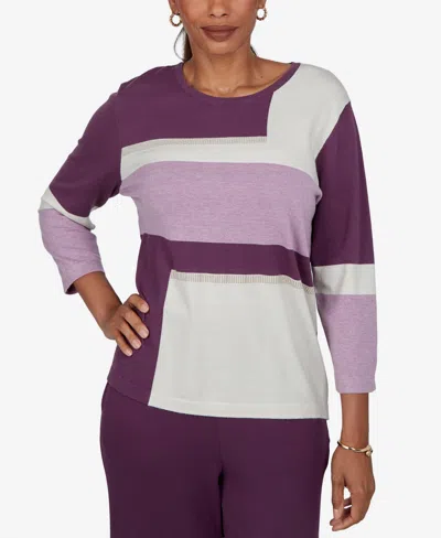 Alfred Dunner Petite Colorblock 3/4-sleeve Crew Neck Pullover Sweater In Plum