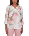Alfred Dunner Petite Coming Up Roses Beaded Split-neck Top In Neutral Multi
