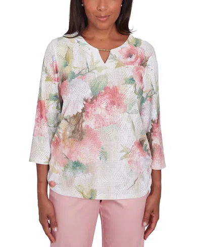 Alfred Dunner Petite Coming Up Roses Beaded Split-neck Top In Neutral Multi