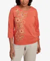 Alfred Dunner Petite Copper Canyon Asymmetric Floral Embroidered Tie Ruching Top In Orange