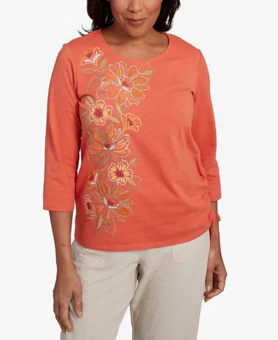 Alfred Dunner Petite Copper Canyon Asymmetric Floral Embroidered Tie Ruching Top In Orange