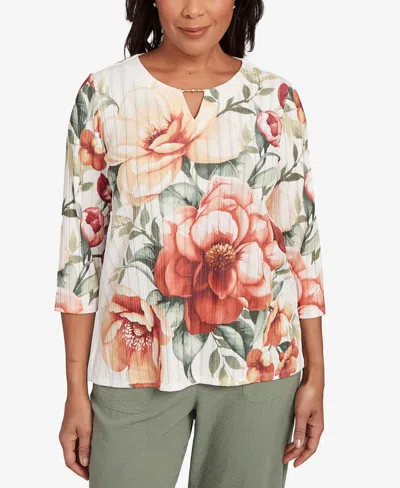 Alfred Dunner Petite Copper Canyon Dramatic Floral Split Beaded Top In Multi