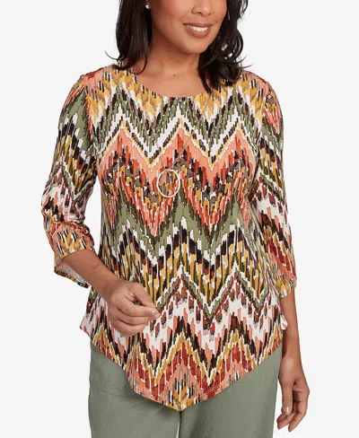 Alfred Dunner Petite Copper Canyon Ikat Chevron Crew Neck Top With Necklace In Multi