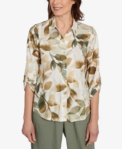 Alfred Dunner Petite Copper Canyon Knit Leaf Button Front Collared Top In Green