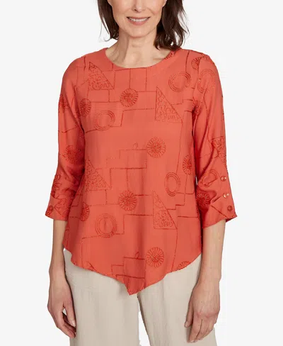 Alfred Dunner Petite Copper Canyon Metallic Embroidered Geometric Top In Orange