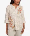 Alfred Dunner Petite Copper Canyon Printed Floral Bell Sleeve Embroidered Top In Nude