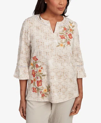 Alfred Dunner Petite Copper Canyon Printed Floral Bell Sleeve Embroidered Top In Nude