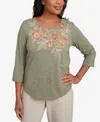 Alfred Dunner Petite Copper Canyon Scattered Sequin Floral Neck Top In Green