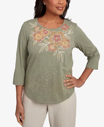 Alfred Dunner Petite Copper Canyon Scattered Sequin Floral Neck Top In Green