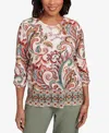 Alfred Dunner Petite Copper Canyon Textured Scroll Border Ruched Sleeves Crew Neck Top In Multi