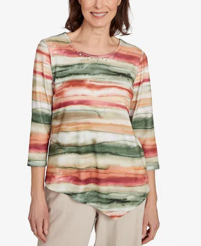 Alfred Dunner Petite Copper Canyon Watercolor Stripe Crew Neck Top In Multi
