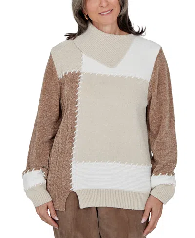 Alfred Dunner Petite Cowl Neck Cable-knit Colorblock Pullover Sweater In Multi