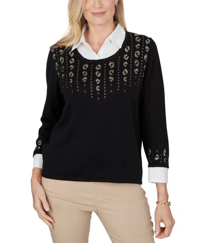 Alfred Dunner Petite Crewneck 3/4-sleeve Cotton-blend Sweater In Multi