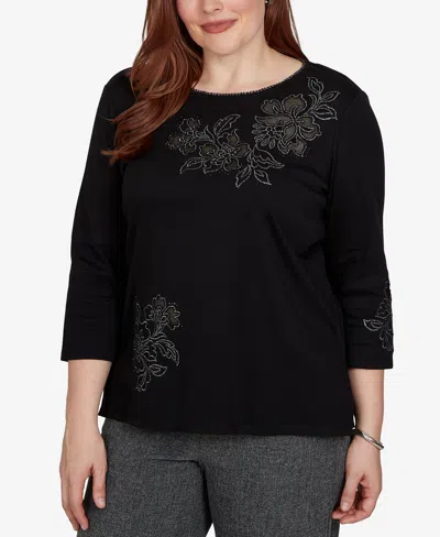 Alfred Dunner Petite Crewneck 3/4-sleeve Knit Top In Black