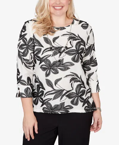 Alfred Dunner Petite Crowd Pleaser Embroidered Flower Top With Necklace In Black