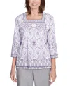 Alfred Dunner Petite Crystal Springs Border Medallion Kaleidoscope Top In Lilac Multi