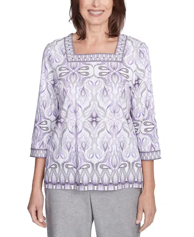 Alfred Dunner Petite Crystal Springs Border Medallion Kaleidoscope Top In Lilac Multi
