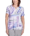 Alfred Dunner Petite Crystal Springs Brushstroke Stained Glass Short Sleeves Top In Lilac Multi