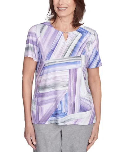 Alfred Dunner Petite Crystal Springs Brushstroke Stained Glass Short Sleeves Top In Lilac Multi