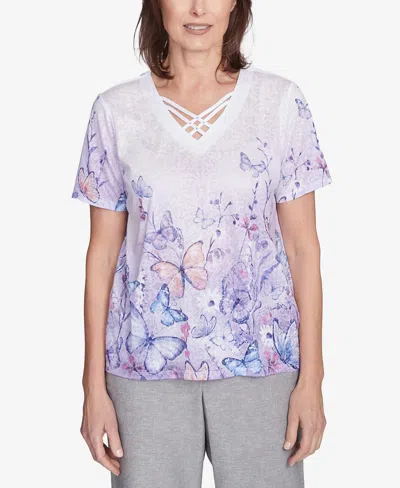 Alfred Dunner Petite Crystal Springs Crisscross Ombre Butterfly Top In Lilac