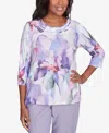 Alfred Dunner Petite Crystal Springs Dramatic Flower Top In Lilac Multi