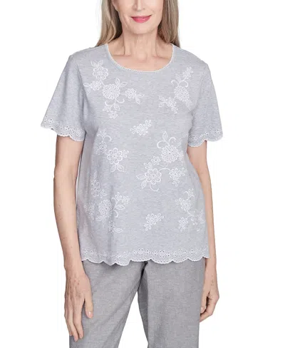 Alfred Dunner Petite Crystal Springs Embroidered Tossed Flower Top In Gray