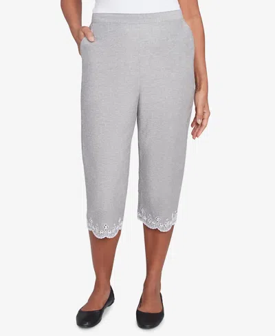 Alfred Dunner Petite Crystal Springs Eyelet Embroidered Capri Pants In Grey