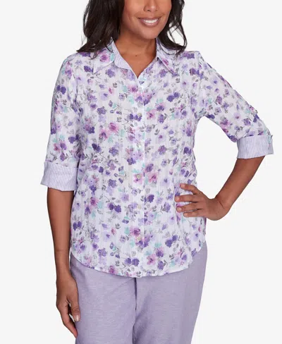 Alfred Dunner Petite Crystal Springs Floral Contrast Cuff Button Down Top In Lilac