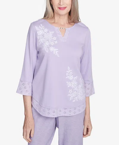 Alfred Dunner Petite Crystal Springs Floral Embroidered Eyelet Sleeve Top In Lilac