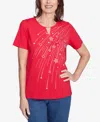 Alfred Dunner Petite Dazzling Shooting Stars With Beaded Split Neck Top In Red