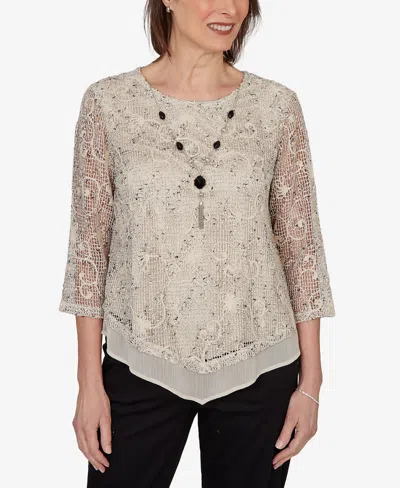 Alfred Dunner Petite Detail Driven Popcorn Mesh Pointed Hem Top With Necklace In Brown