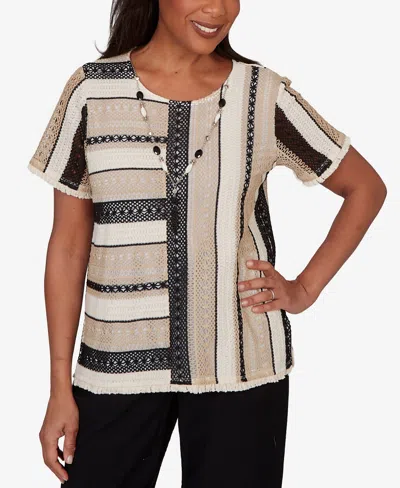 Alfred Dunner Petite Detail Driven Textured Spliced Crewneck T-shirt With Necklace In Brown
