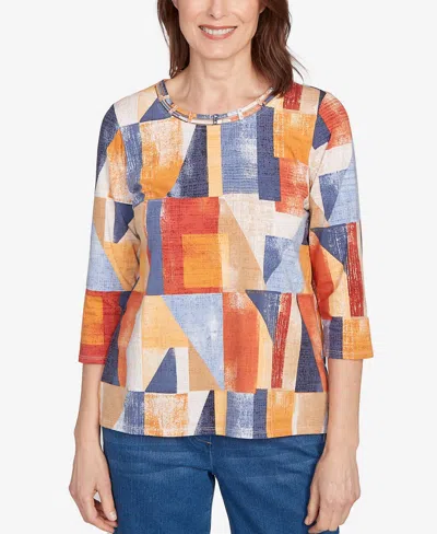 Alfred Dunner Petite Detailed Neckline Top In Blue