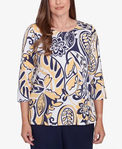 Alfred Dunner Petite Dramatic Paisley Crew Neck Top In Multi Yellow